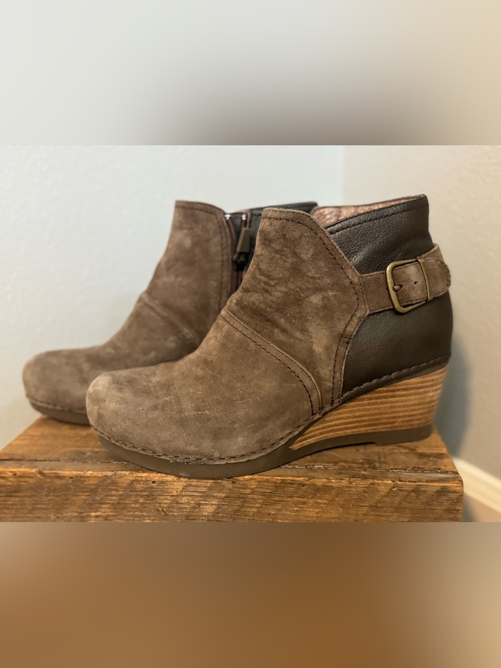 Dansko Taupe and Dark Brown Suede Wedge Ankle Booties